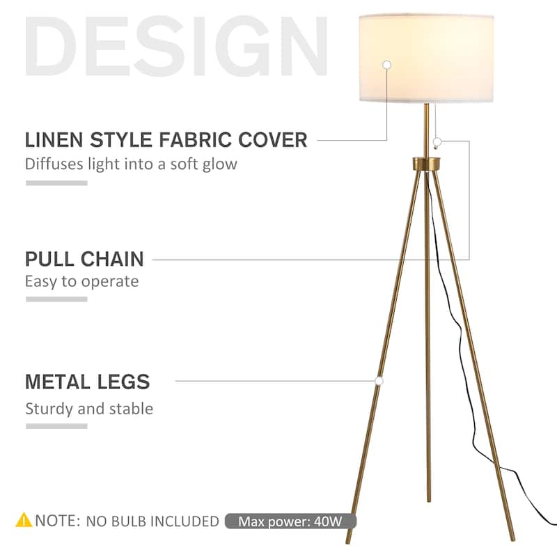 59.75" Standing Floor Lamp Fabric Lampshade Steel Tripod, Gold