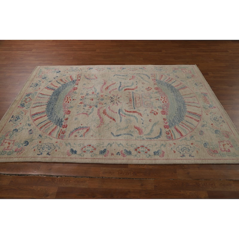 Vegetable Dye Beige Art Deco Turkish Rug Hand-Knotted Wool Carpet - 5'0"x 6'11"
