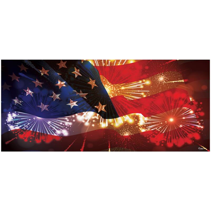 7'x16' Red Blue American Flag Fireworks Double Car Garage Door Banner