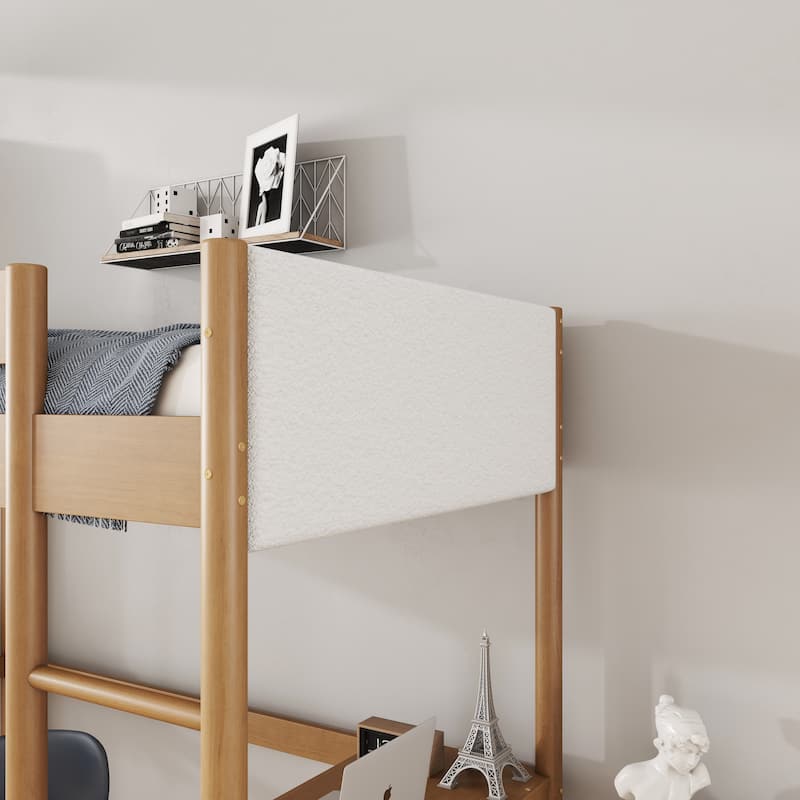 Twin Size Loft Bed with Desk, Boucle Upholstered Headboard and Footboard with Ladder, Safety Guardrails