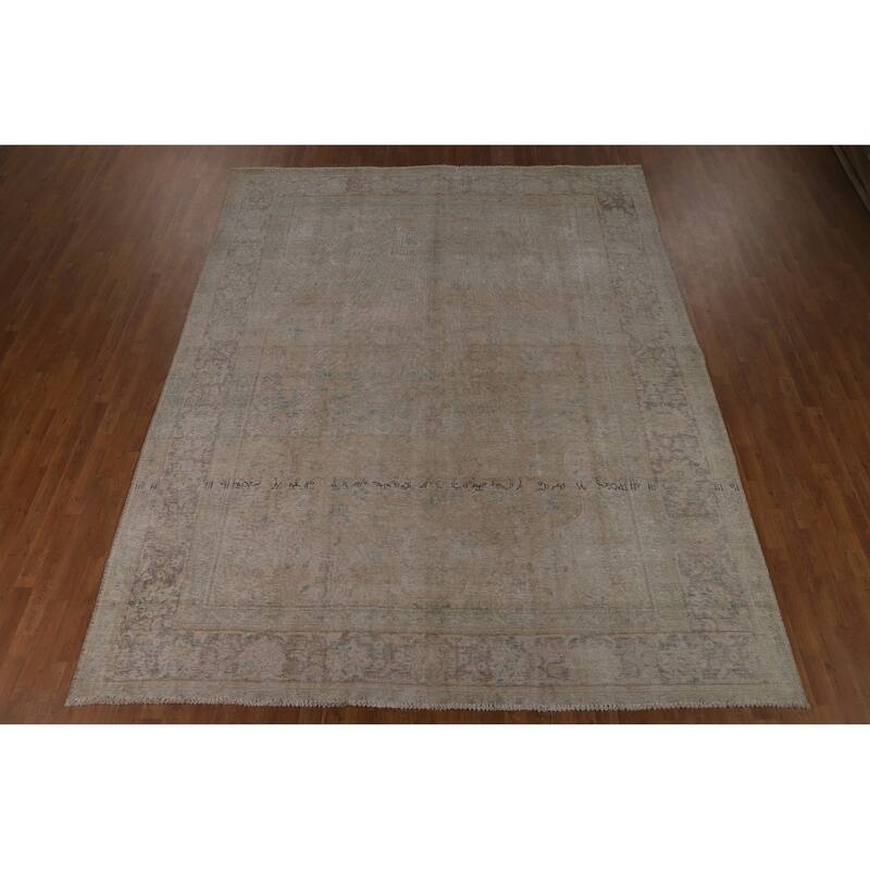 Distressed Beige Tabriz Persian Vintage Rug Hand-Knotted Wool Carpet - 9'1"x 11'9"