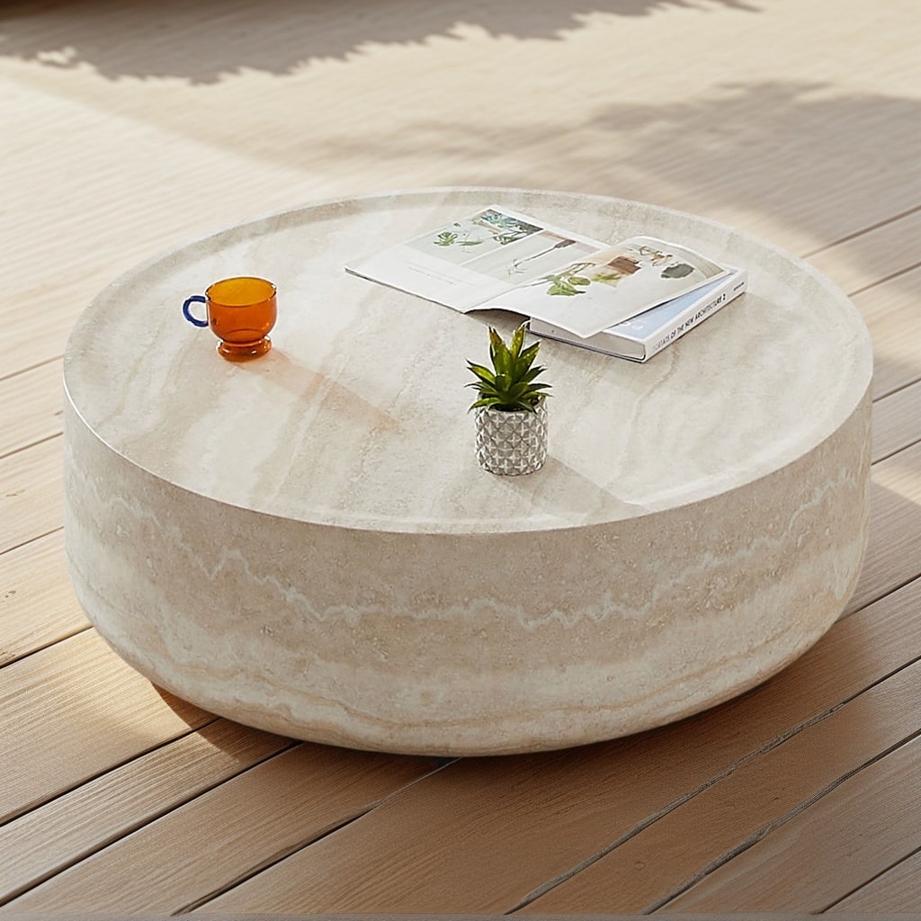 Modern Textured Faux Travertine Round Coffee Table No Need Assembly.