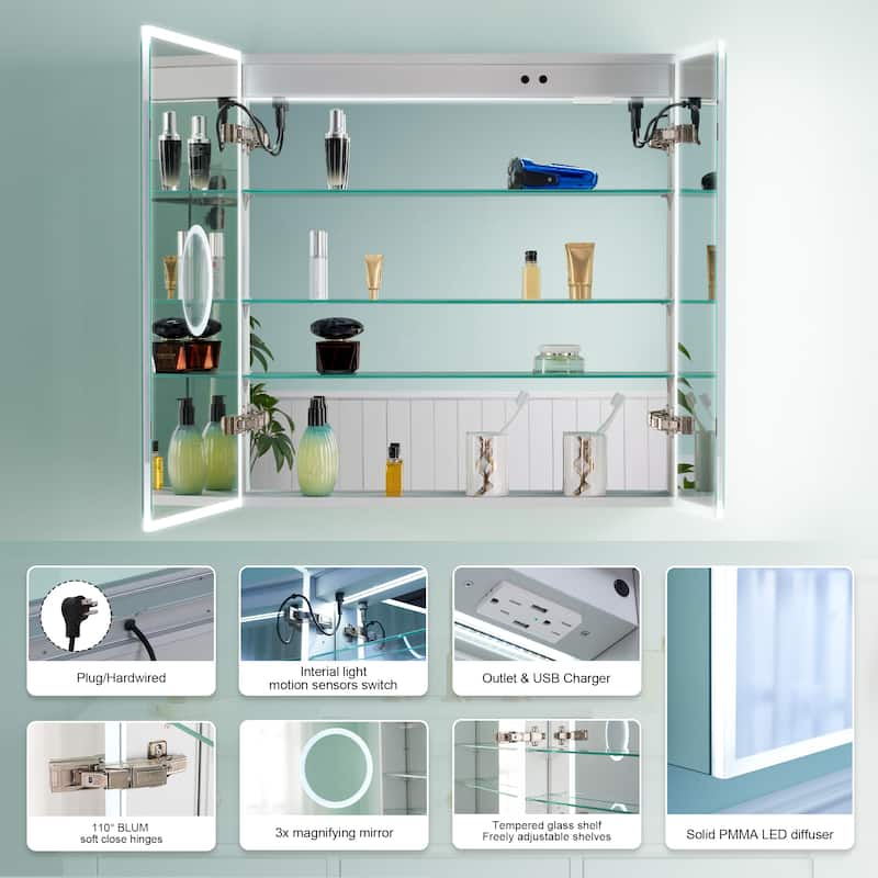 30'' H Recessed or Surface Frameless LED Mirror Cabinet With Defogger, Dimmer, Outlets & USB Ports 