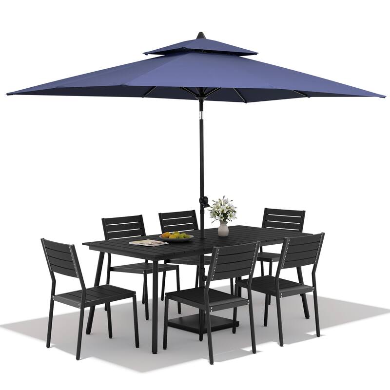 9PC Outdoor Patio Dining Set Aluminum Table with Stackable Chairs w/ Market Umbrella Set