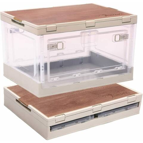 Folding Storage Box With Wooden Cover, Collapsible Storage Container Bins, For Camping, Car Storage, Home Sorting