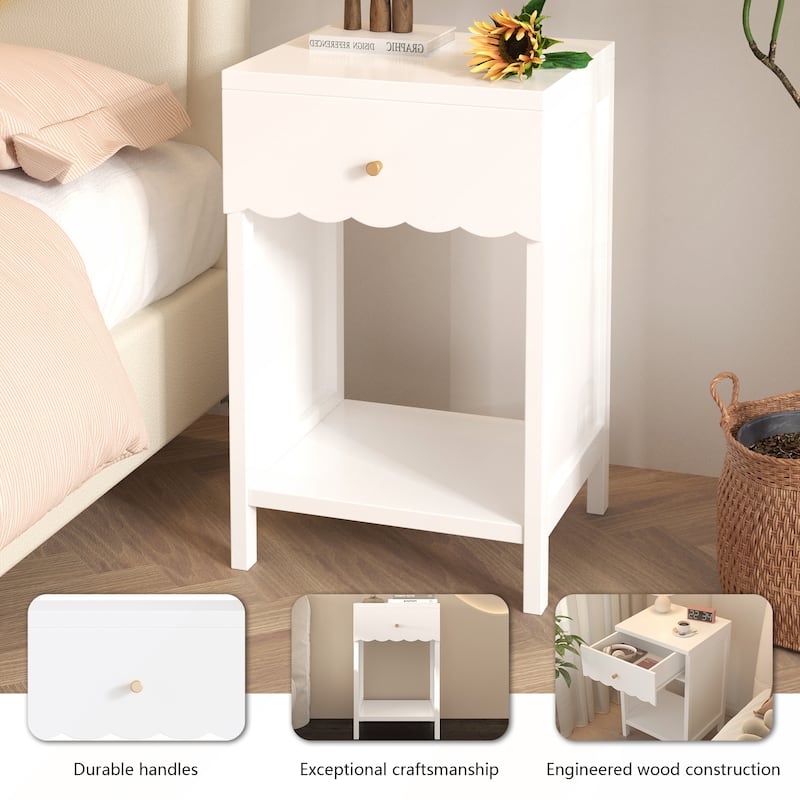 Modern White Nightstand with Drawer and Open Shelf for Bedroom