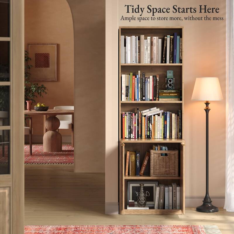 71" Oak Bookcase with Doors, 5-Tier Fluted Tall Bookshelf with Storage