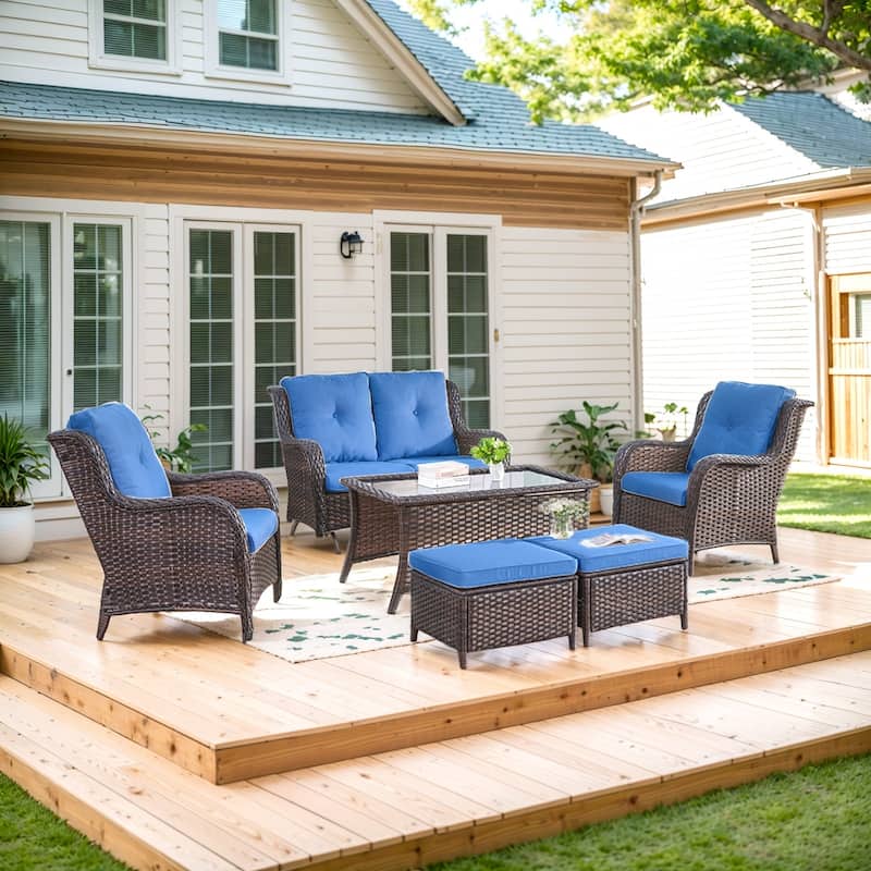 2 Patio Chair with Glider Sofa and Ottomans - Blue cushion - Brown - Blue - Brown