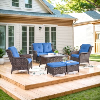 2 Patio Chair with Glider Sofa and Ottomans - Blue cushion - Brown