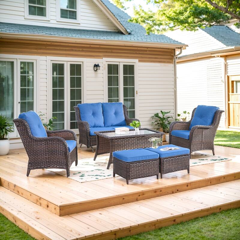 2 Patio Chair with Glider Sofa and Ottomans - Blue - Brown