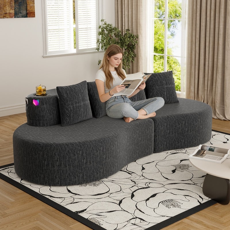 Chenille Upholstered Curved 3 Seat Minimalist Compressed Modular Sectional Sofa