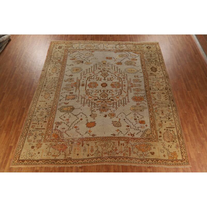 Pre-1900 Antique Vegetable Dye Oushak Turkish Rug Handmade Wool Carpet - 11'10" x 13'6"