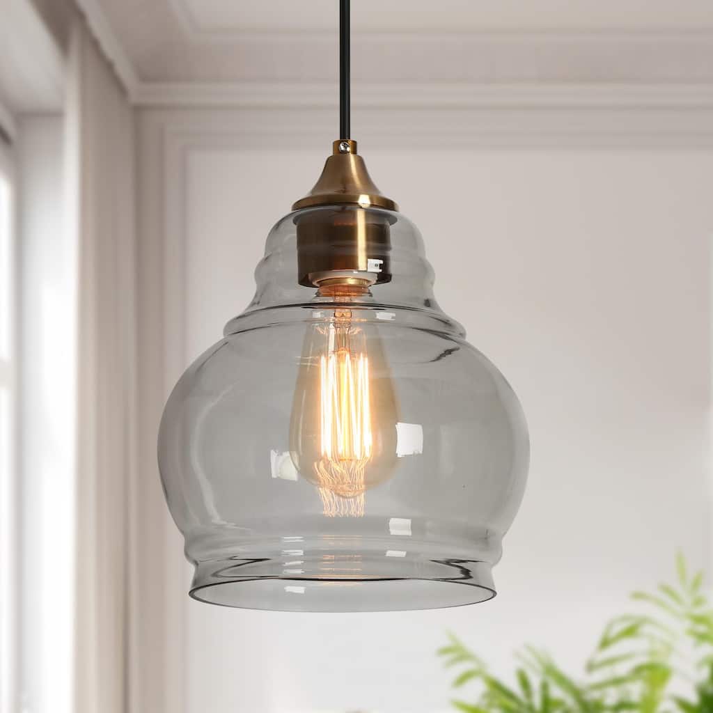 Gloam Modern Unique Small Smoked Gray Glass Pendant Brass Gold Adjustable Kitchen Island Lighting - D8"* H10"