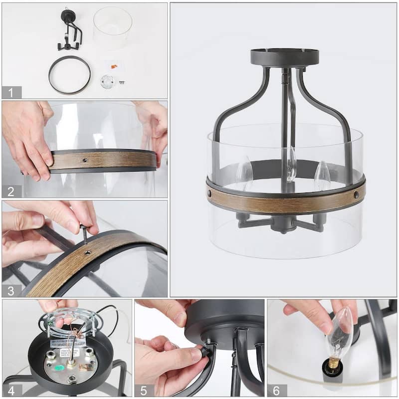 Modern 3-Light Drum Semi-Flush Mount Glass Ceiling Light