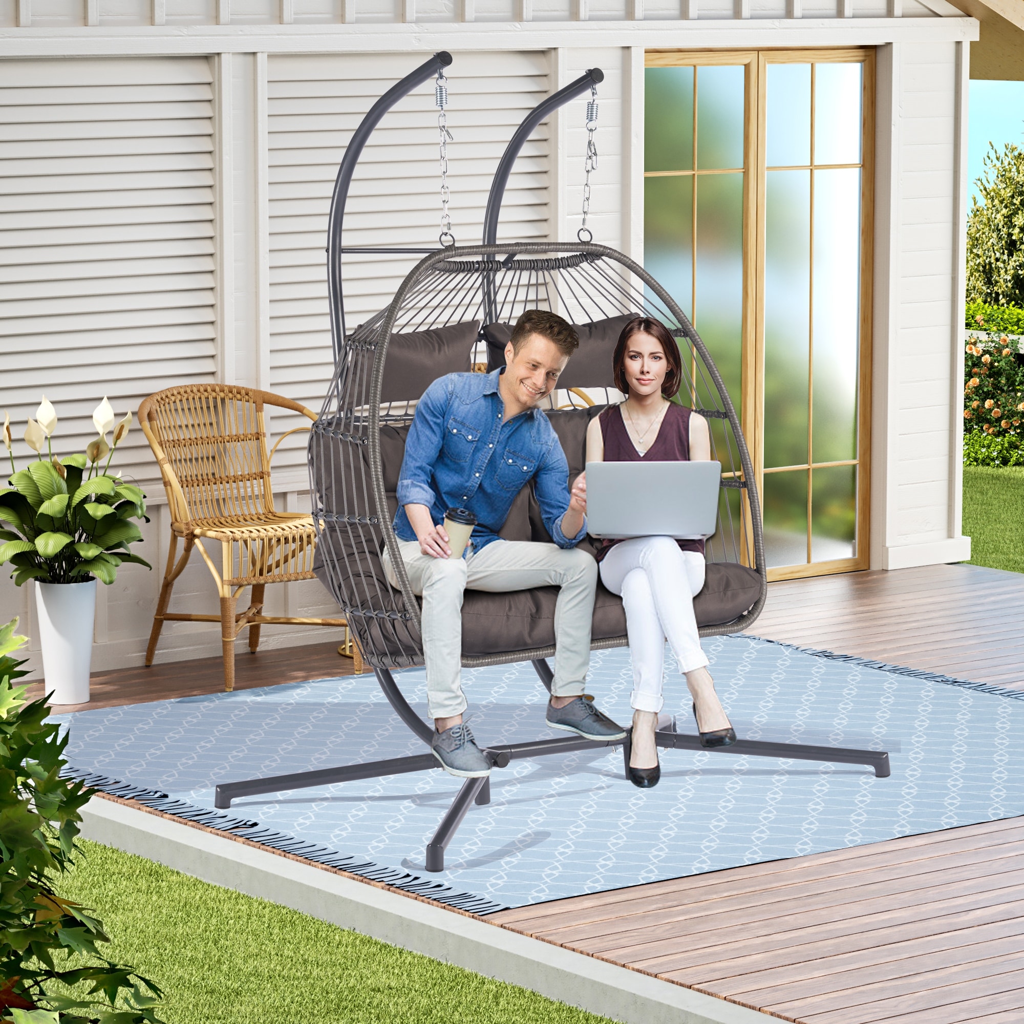 2 Person Wicker Swing Double Dark Gray Egg Chair with Stand Hanging Egg Chair Hammock Chair Twins Basket Hanging Chair Bed Bath Beyond 40643551