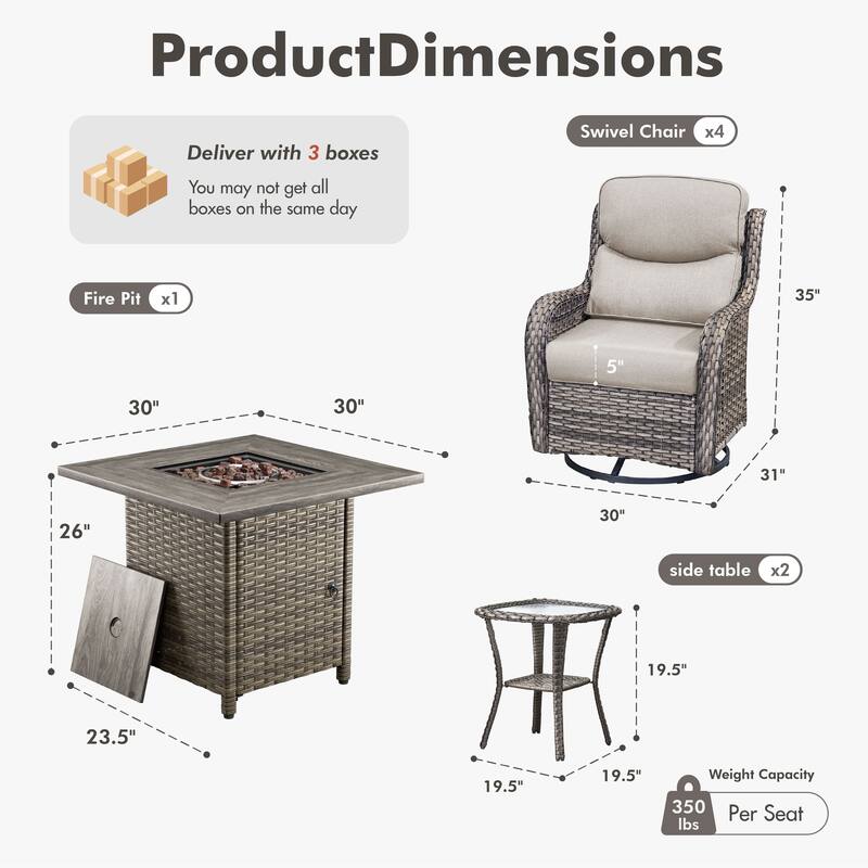 Meyreso 7-Piece Outdoor Patio Wicker Fire Pit 4 person Conversation Set with 5-Inch Thick Cushions