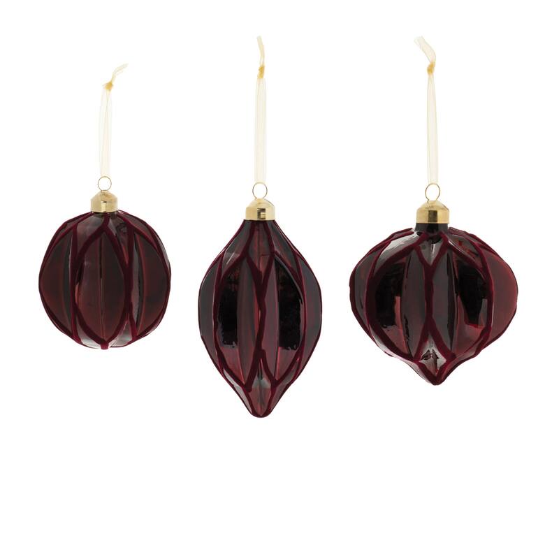 Set of 6 Red Velvet Glass Christmas Ornaments Ribbed Ball Onion Drop Shapes for Tree Decor - 3.5”L x 3.5”W x 4”H