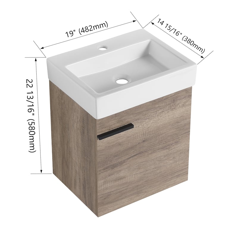 19 inch Plywood Wall Mounted Bathroom Vanity Set in Grey with Integrated Ceramic Sink