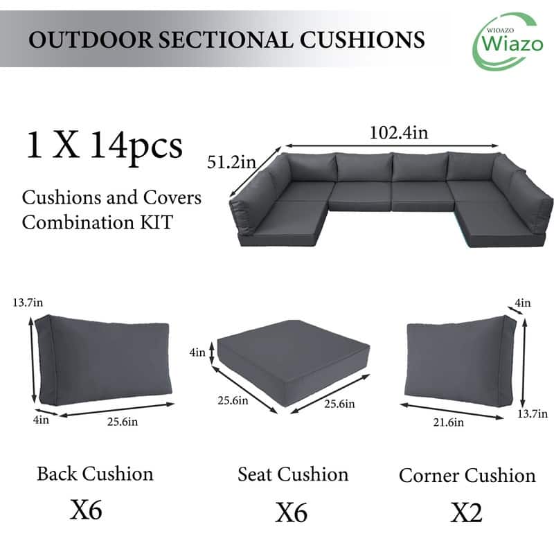 14pcs Outdoor Couch Cushions,4" Waterproof Sectional Rattan Conversation Set Cushions(Only Cushions+Covers,No Sofa) - 14PCS