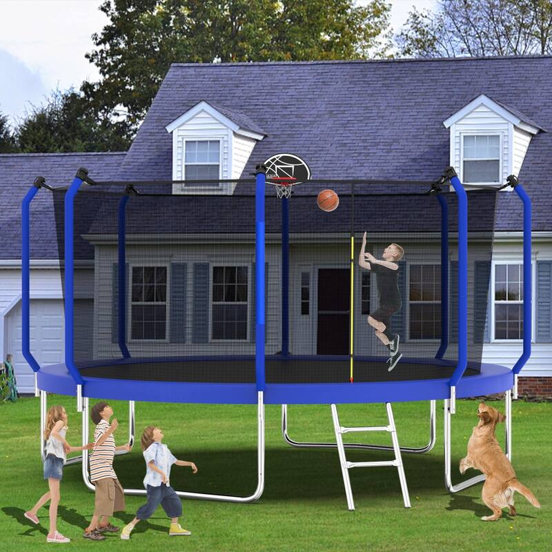 Outdoor Trampoline with Safety Net, Basketball Hoop & Ladder