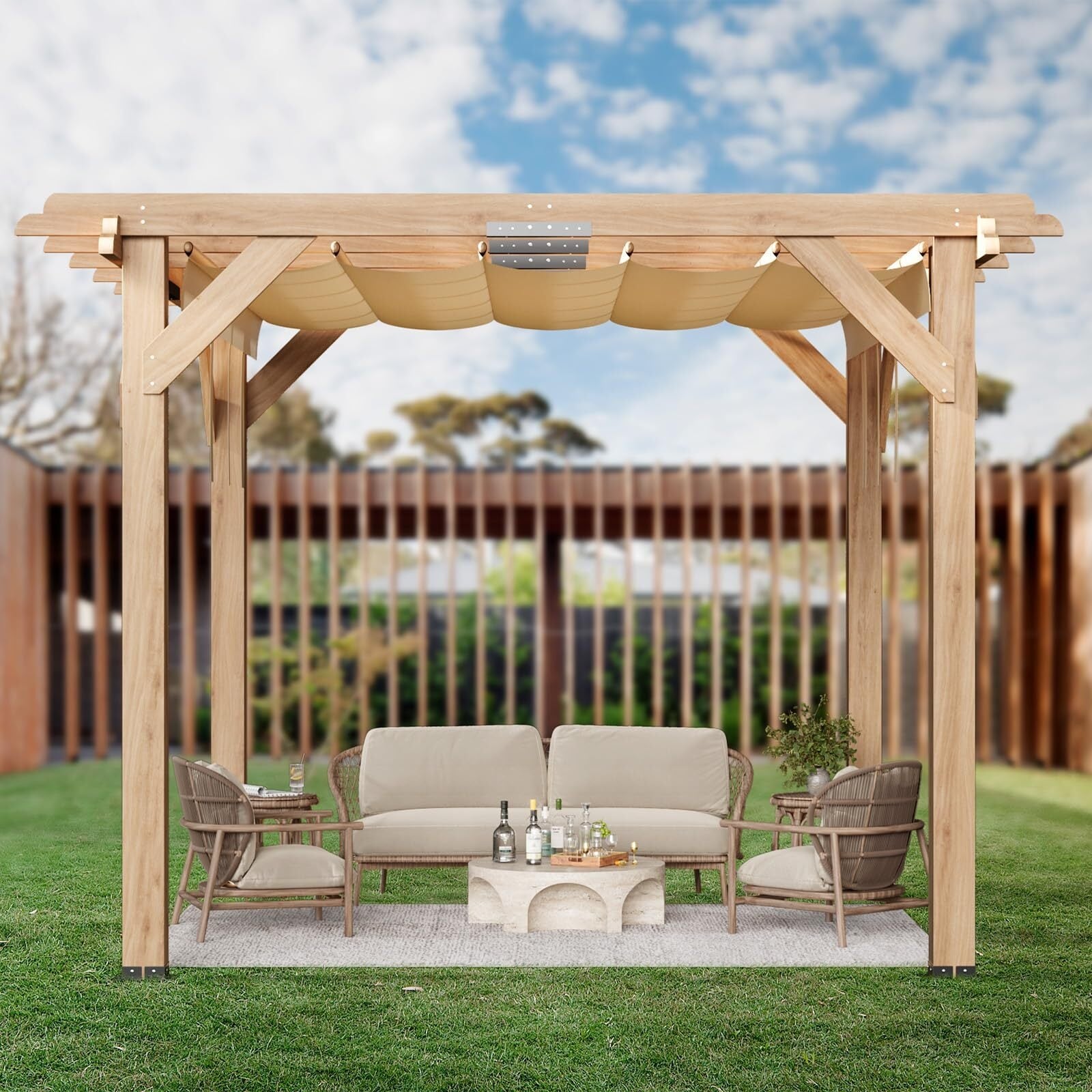 10x12 FT Cedar Wood Pergola with Retractable Oxford Fabric Roof
