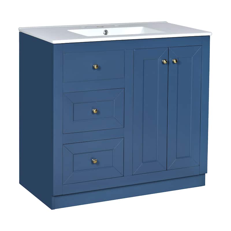 36 Inch Bathroom Vanity with Ceramic Sink, Vanity Base & Ceramic Basin Combo, Solid Wood Bathroom Storage Cabinet - 36 Inch