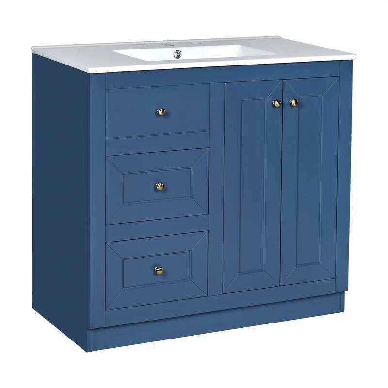 Bathroom Vanity with Ceramic Sink, Solid Wood Bathroom Storage Cabinet, Vanity Set with 2 Drawers & Double Door