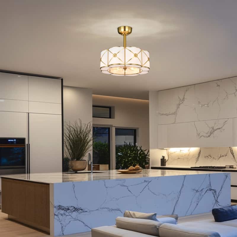 Strancta Scalloped Round White Gold Trim Tiffany Glass Lighted Ceiling Fandelier with Remote