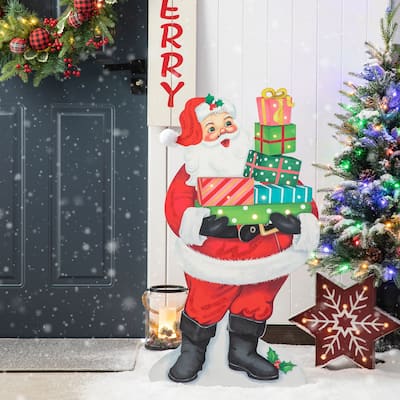 Glitzhome 36"H Lighted Wooden Santa Gifts Porch Decor