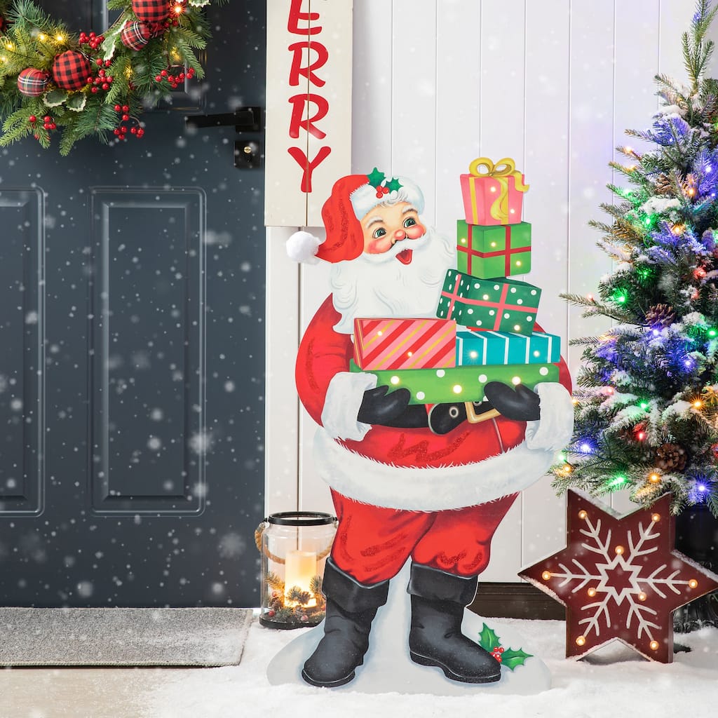 Glitzhome 36"H Lighted Wooden Santa Gifts Porch Decor