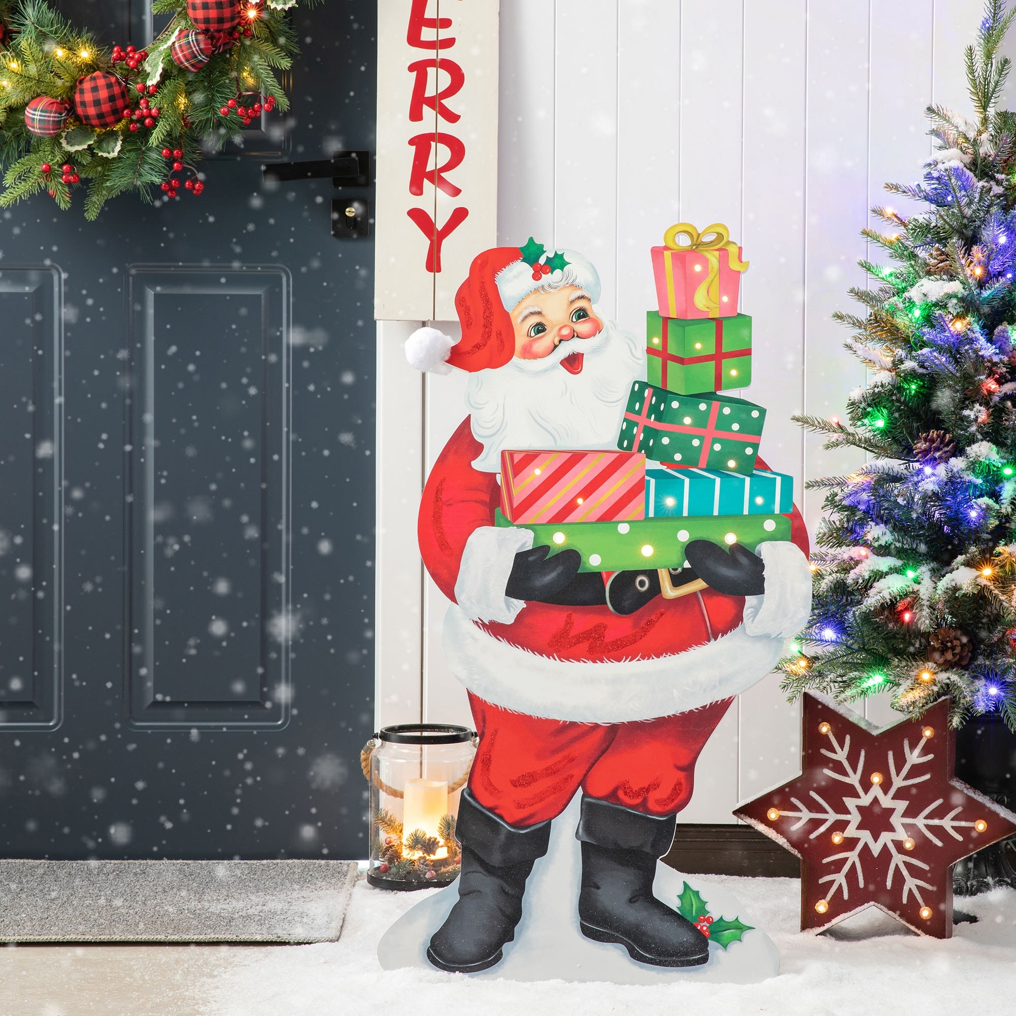 Glitzhome 36"H Lighted Wooden Santa Gifts Porch Decor