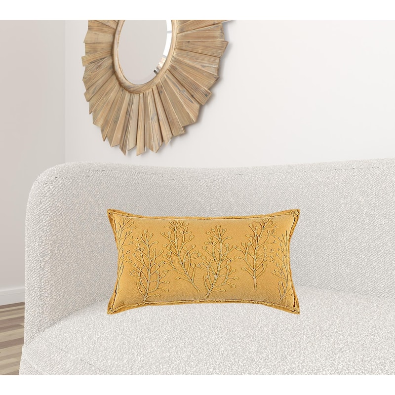 Yellow Botanical Pattern Embroidered Lumbar Pillow