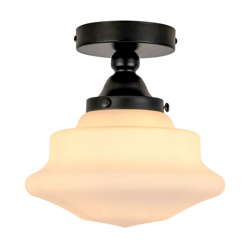 9.5" W Farmhouse Gold/Black Metal Semi-Flush Mount Ceiling Light with Frosted White Glass for Bedroom, Living Room