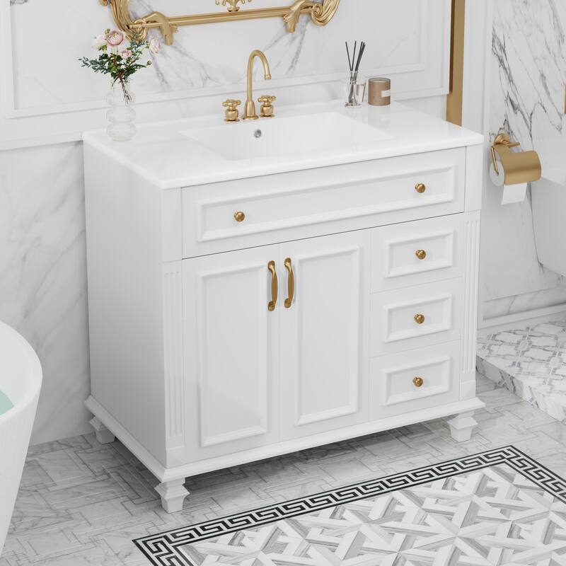 Roomfitters 36" Bathroom Vanity with Sink, Flip-Out Drawer, 3 Drawers, Soft-Close Doors, Solid Wood Cabinet - White