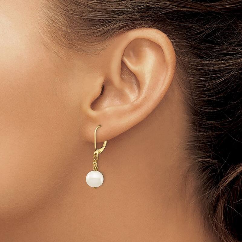 Curata 14k Yellow Gold 8-9mm Near Round White Freshwater Cultured Pearl Leverback Earrings (31x8mm)
