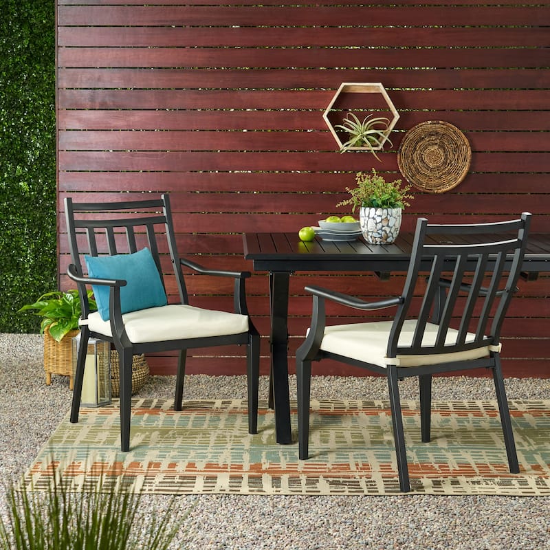 Roomfitters Metal Outdoor Dining Chairs Set of 2, Armrest Patio Seating with White Cushions, Weather-Resistant, Black