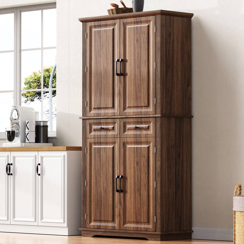 Roomfitters 71" Tall Kitchen Pantry Cabinet with 3 Pull-Out Organizers & 6 Door Shelves - Brown