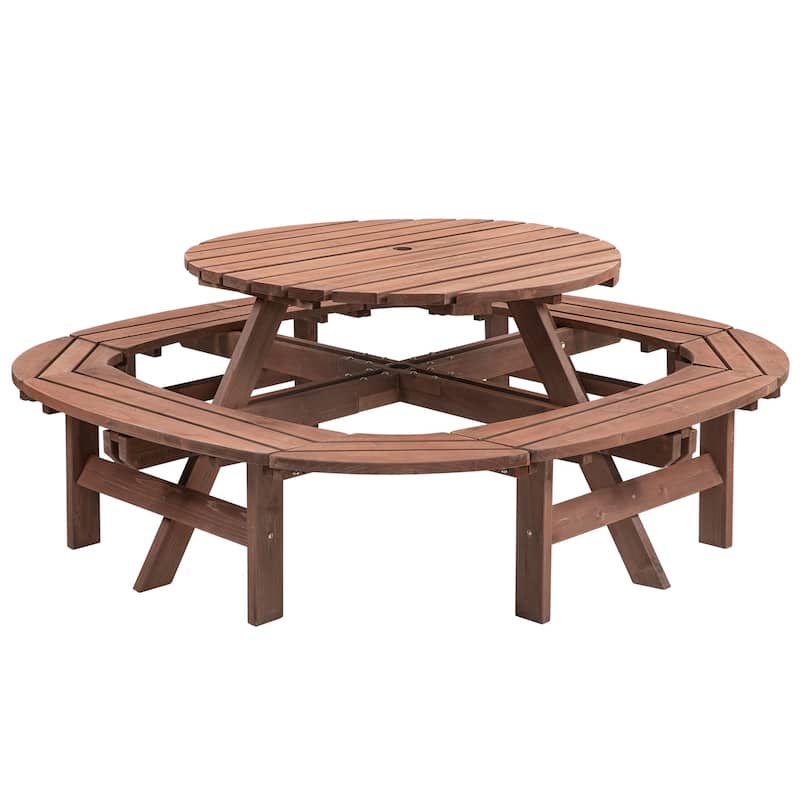 10-12 Person Outdoor Patio Fir Wood Round Picnic Dining Set with Built-in Benches and Umbrella Hole