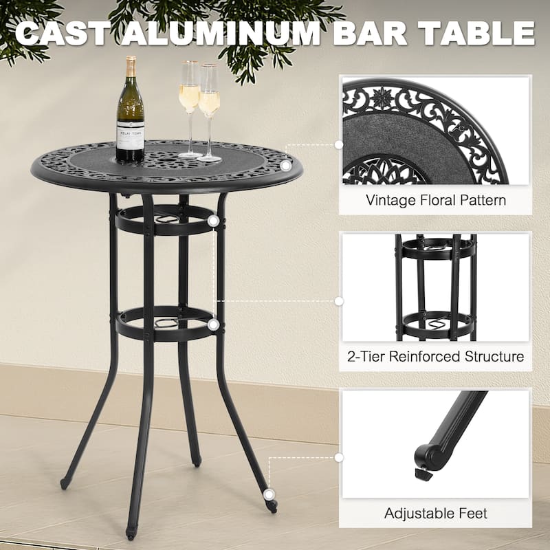 Outdoor 31'' Round Cast Aluminum Patio Bistro Table with Hollow Tabletop and Umbrella Hole, Black - 31'' Round