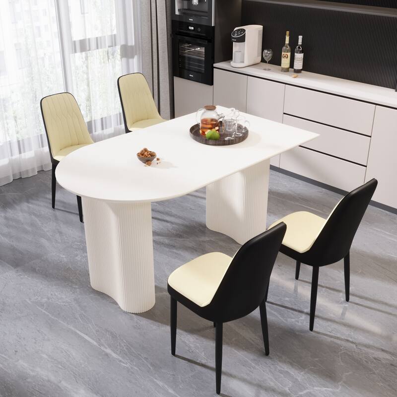 5-Piece Dining Cream MDF Table and 4 Ergonomic PU Chairs Set with for Dinners and Gatherings
