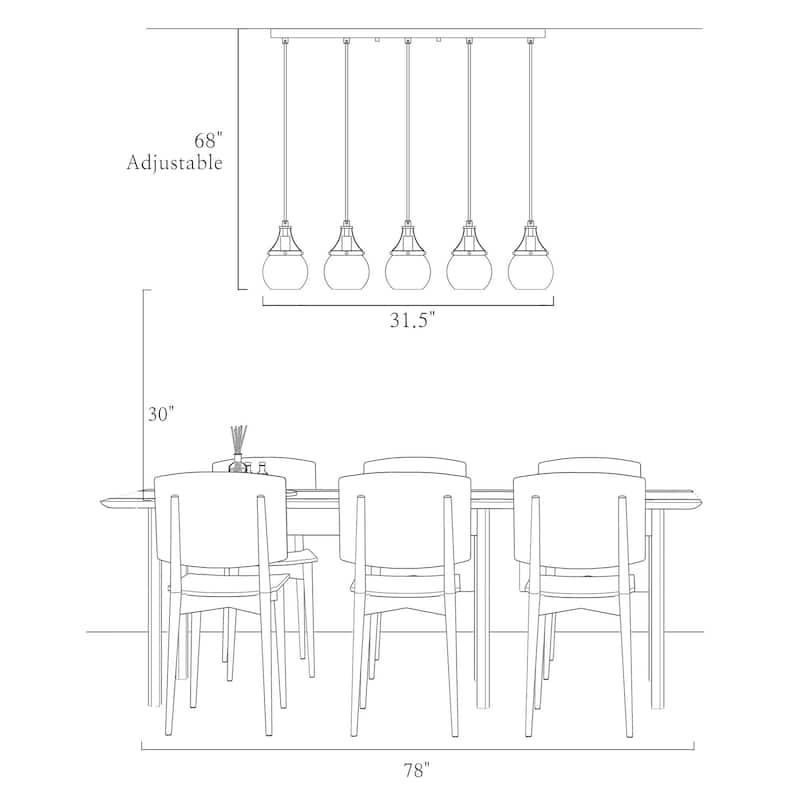 Beta Modern 5-Light Linear Glass Chandelier Black Gold Pendant for Dining Room Island - L 31.5" x W 4.9" x H 8"
