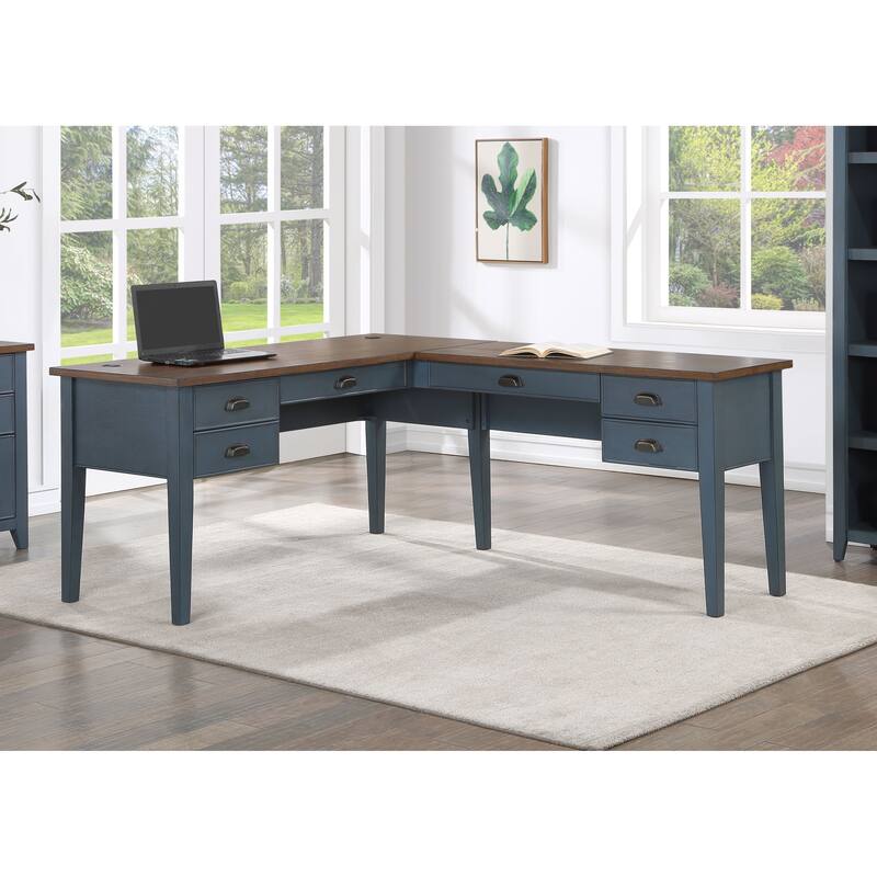 Farmhouse Wood Half-Pedestal Writing Desk and Return, Open L-Shaped Table and Return, Office Desk and Return, Blue