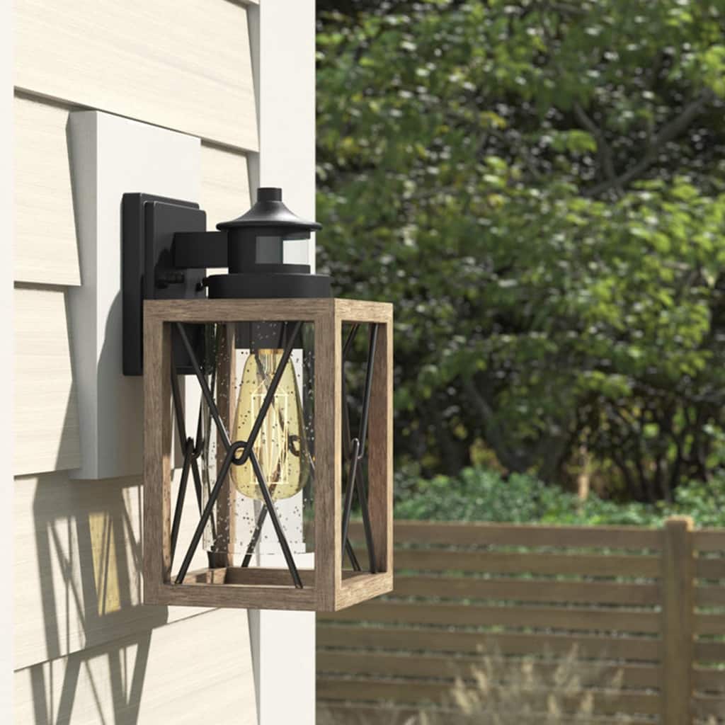 1-Light Black and Faux Wood Motion Sensor Outdoor Wall Sconce - Black&Faux Wood