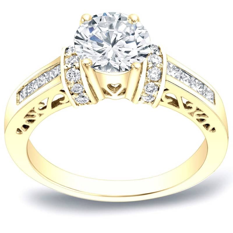 Auriya 14k Gold 1 1/2ctw Round Diamond Engagement Ring with Hearts (H-I, SI1-SI2) - Yellow - 8.5