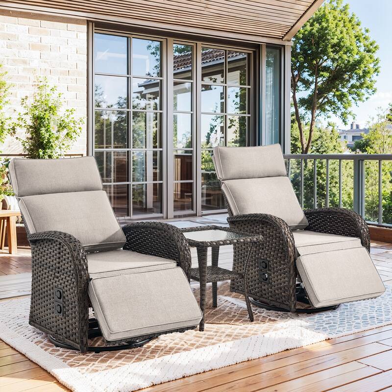 Pocassy Lounge Chair Swivel Reclining Chair with Adjustable Backrest - Beige Cushion - Browm Wicker - 3-Piece Recliner Swivel Chair with Side Table