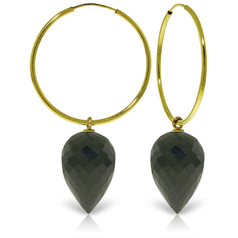 14K Solid Gold Hoop Earrings w/ Pointy Briolette Drop Black Spinel