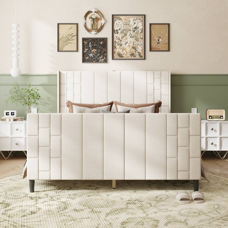 Queen Size Platform Bed Frame with Headboard Footboard USB Ports