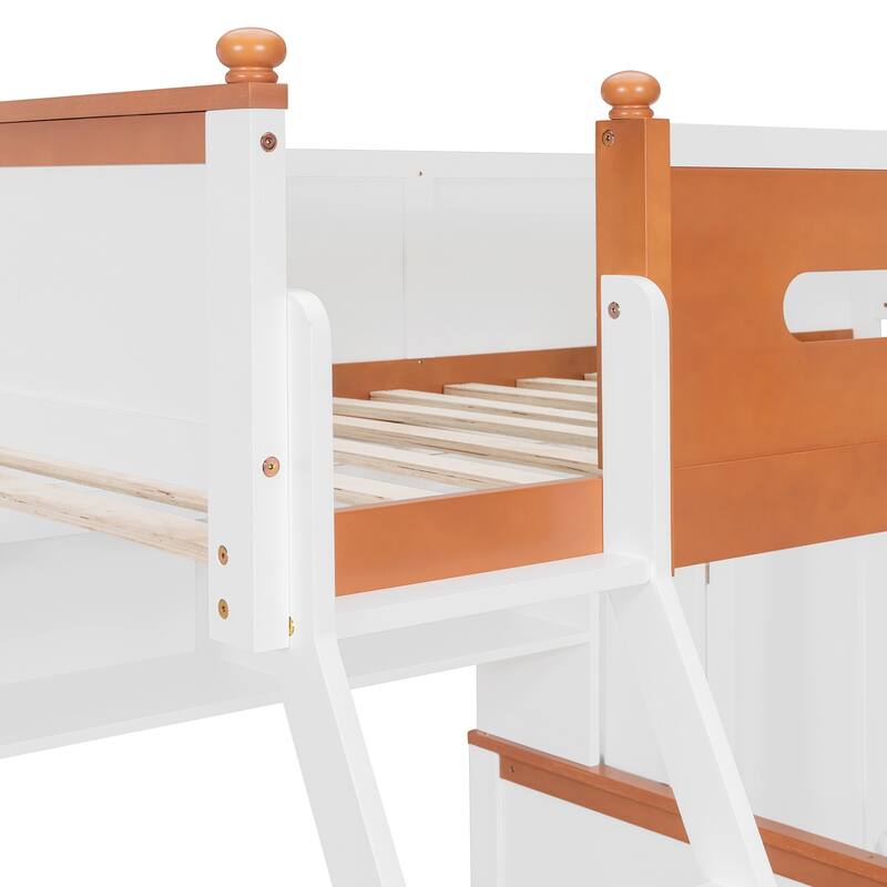 Twin Over Full Wooden Bunk Bed with Wardrobe, Drawers, Shelves and LED Light in White and Orange
