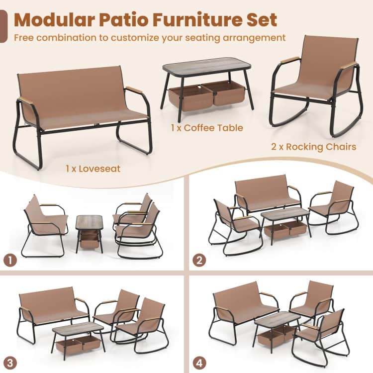 4 Piece Brown-Black Fabric Metal Outdoor Bistro Set with Loveseat and Rockers - Coffee Table: 31.5" x 18" x 16.5"
