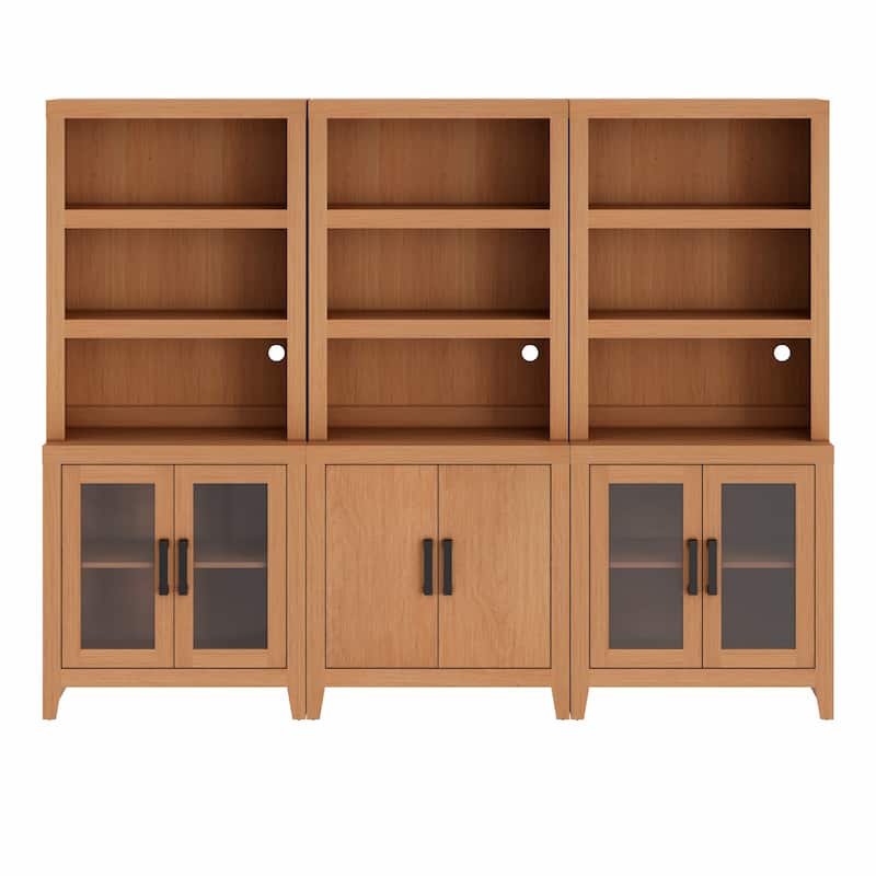 WAMPAT 74" Tall Bookshelf with Glass Doors, Farmhouse Bookcase with Open Shelves